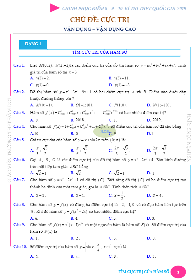 Bài toán VD – VDC cực trị của hàm số – Nguyễn Công Định
