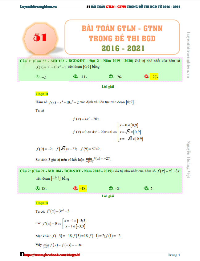 51 bài toán GTLN – GTNN của hàm số trong đề thi THPT môn Toán (2016 – 2021)