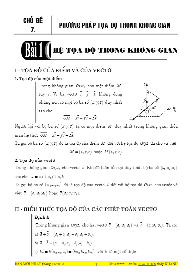 Chuyên đề phương pháp tọa độ trong không gian – Huỳnh Đức Khánh